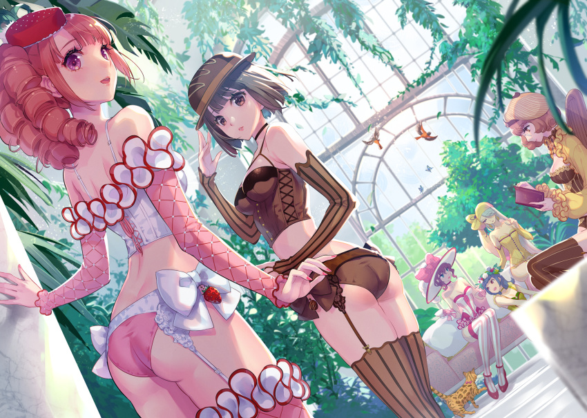 6+girls :d ass bird black_choker blue_eyes bow breasts brown_eyes brown_hair brown_headwear brown_panties brown_sleeves brown_thighhighs bustier choker cleavage detached_sleeves drill_hair dutch_angle garter_belt hair_between_eyes hair_over_one_eye hat highres holding leotard lingerie long_hair long_sleeves multiple_girls nail_polish nishimura_eri original panties parted_lips pink_nails pink_panties pink_sleeves profile red_eyes red_headwear short_hair shoulder_blades shrug_(clothing) sitting small_breasts smile standing striped_clothes striped_sleeves striped_thighhighs sun_hat sweets_lingerie thighhighs underwear vertical-striped_clothes vertical-striped_thighhighs white_bow white_headwear