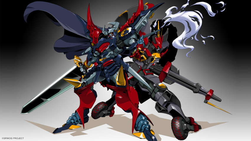 armor aussenseiter back-to-back cape copyright_name dygenguar gradient_background gun highres holding holding_sword holding_weapon huge_weapon japanese_armor mecha no_humans official_art official_wallpaper robot shadow shoulder_armor super_robot super_robot_wars super_robot_wars_original_generation sword weapon wheel zankantou