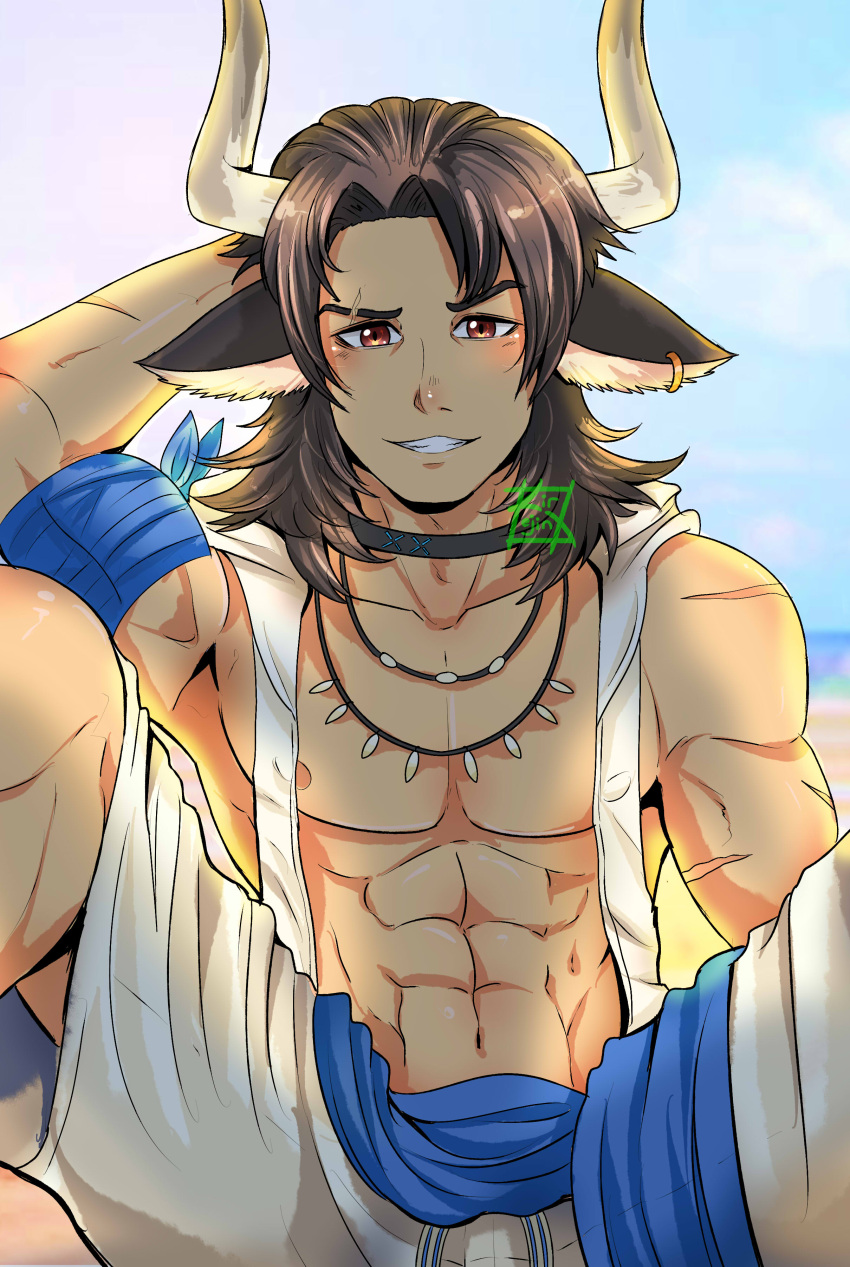 1boy abs absurdres animal_ears arknights arm_behind_head bara bare_pectorals blush brown_eyes brown_hair bulge covered_nipples cow_boy cow_ears cow_horns feet_out_of_frame highres horns jacket jewelry kir_(kir_keropi) long_hair looking_at_viewer male_focus matterhorn_(arknights) matterhorn_(beach_guard)_(arknights) necklace nipples open_clothes open_jacket parted_lips pectorals smile solo spread_legs stomach toned toned_male tooth_necklace