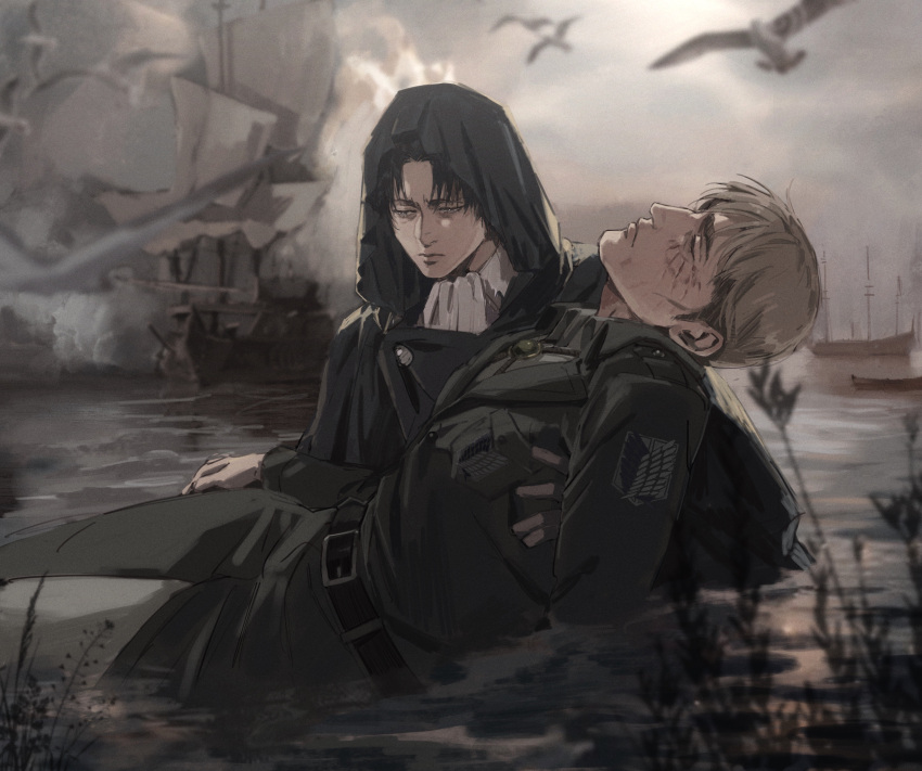 2boys absurdres bird black_hair blood blood_on_face blurry blurry_background blurry_foreground boat carrying carrying_person cloak closed_eyes closed_mouth commentary commentary_request day death depth_of_field erwin_smith grey_eyes highres hood hood_up hooded_cloak levi_(shingeki_no_kyojin) light_brown_hair lips looking_down male_focus mixed-language_commentary multiple_boys nose ocean outdoors overcast parted_bangs sad scar scar_on_face shingeki_no_kyojin short_hair sky sunlight thisuserisalive water watercraft