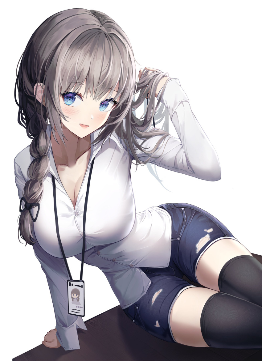 absurdres adjusting_hair black_thighhighs blue_eyes blush braid breasts cleavage collarbone commentary denim denim_shorts dress_shirt female grey_hair hair_half_undone hand_up highres id_card lanyard long_hair long_sleeves looking_at_viewer office_lady original parted_lips seero shirt shorts simple_background single_braid sitting sitting_on_table smile solo symbol-only_commentary table thighhighs twintails white_background white_shirt zettai_ryouiki