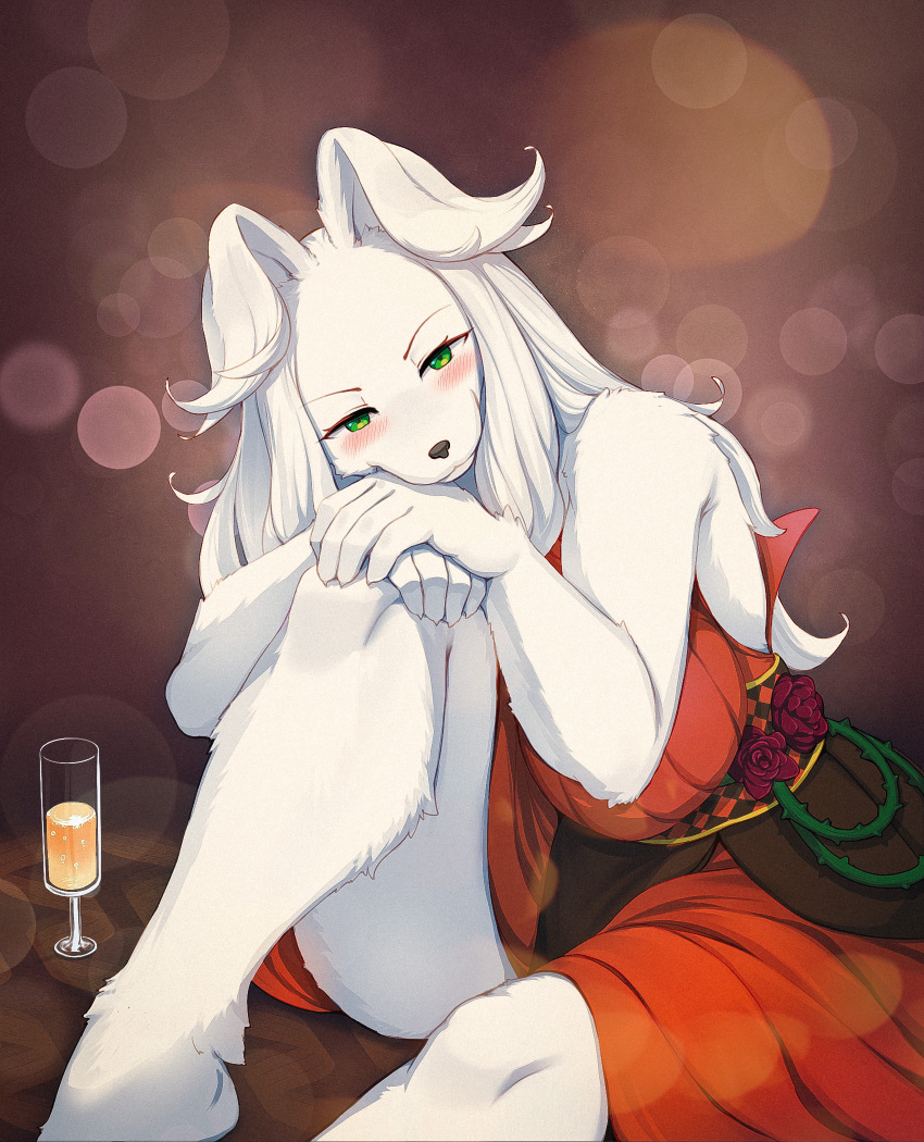 abstract_background alcohol anthro barefoot bedroom_eyes beverage big_breasts biped black_nose blush breasts canid canine canis champagne champagne_glass clothed clothing container cup digital_media_(artwork) domestic_dog dress drinking_glass feet female female_anthro floppy_ears fluffy fur glass glass_container glass_cup green_eyes hair hi_res kemono long_hair looking_at_viewer mammal monotone_body monotone_fur monotone_hair narrowed_eyes red_clothing red_dress seductive shaded sitting smile solo white_body white_fur white_hair whooo-ya