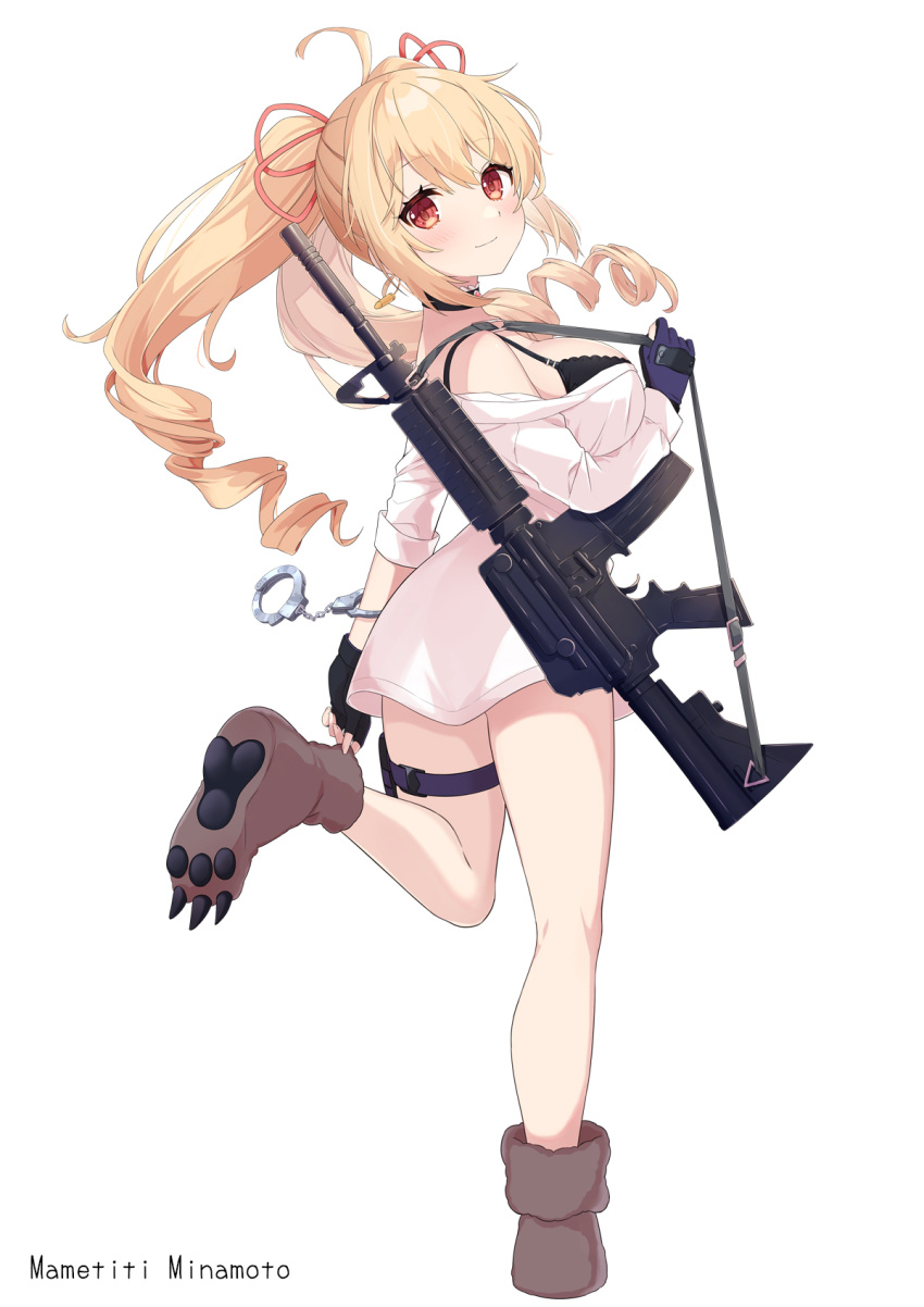 artist_name assault_rifle asymmetrical_gloves bare_shoulders black_bra black_choker black_gloves blonde_hair blue_gloves bra breasts brown_footwear choker chou_idol_densetsu_oomori_anko closed_mouth commentary_request cuffs female fingerless_gloves from_behind full_body gloves gun hair_between_eyes hair_ribbon handcuffs highres holding holding_gun holding_weapon large_breasts long_hair looking_at_viewer looking_back m4_carbine minamoto_mamechichi mismatched_gloves off_shoulder official_art oomori_kinako partially_fingerless_gloves paw_shoes red_eyes red_ribbon ribbon rifle ringlets shirt shoe_soles simple_background smile solo standing standing_on_one_leg twintails underwear very_long_hair weapon white_background white_shirt