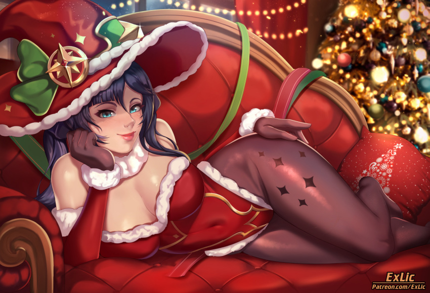 aqua_eyes black_hair breasts christmas cleavage couch covered_nipples detached_sleeves exlic feet_out_of_frame female fur-trimmed_leotard fur_collar fur_trim genshin_impact gloves hat indoors large_breasts leotard lips long_hair lying mona_(genshin_impact) nose on_side pantyhose patreon_username pillow red_hat red_leotard santa_costume santa_leotard smile solo window witch_hat