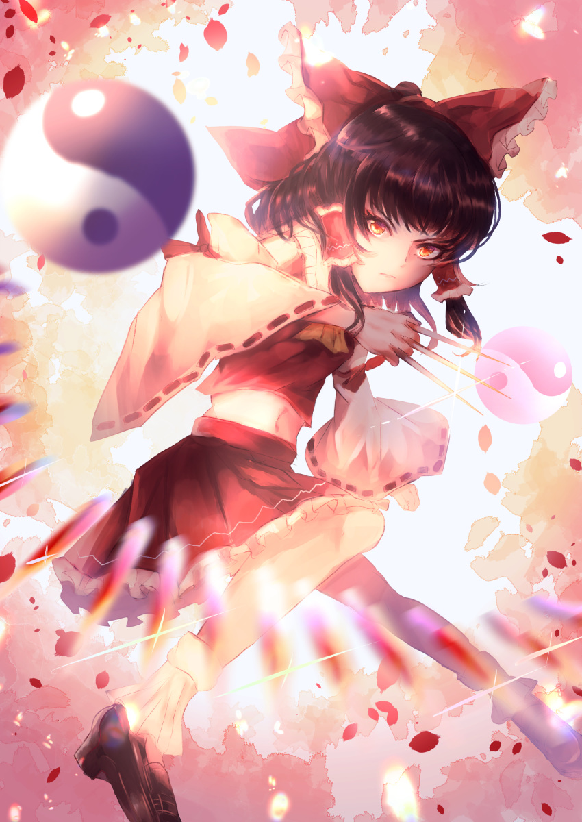 abstract_background absurdres ascot between_fingers black_footwear black_hair blurry blurry_foreground bobby_socks bow danmaku detached_sleeves expressionless female floating frown hair_ribbon hair_tubes hakurei_reimu highres holding loafers looking_at_viewer midriff needle orb petals ponytail red_bow red_eyes red_skirt red_vest ribbon ribbon-trimmed_sleeves ribbon_trim sango_(coral0707) serious shoes short_hair sidelocks skirt socks solo throwing_needles touhou vest white_socks yellow_ascot yin_yang yin_yang_orb