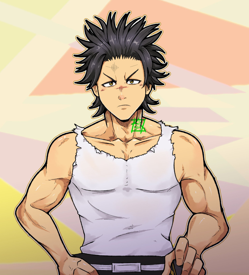 1boy aged_down bare_arms black_clover black_hair frown highres kir_(kir_keropi) looking_at_viewer male_focus pectorals scar scar_on_face scar_on_nose short_hair solo spiked_hair tank_top toned toned_male white_tank_top yami_sukehiro