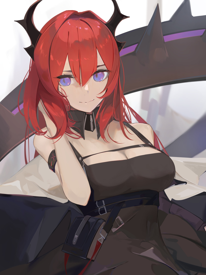 absurdres arknights armband bare_shoulders black_dress breasts cleavage commentary detached_collar dress female hair_between_eyes highres horns large_breasts long_hair looking_at_viewer purple_eyes red_hair sinoda smile solo surtr_(arknights) upper_body