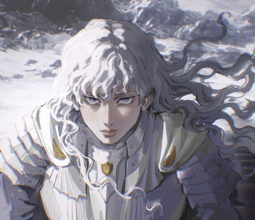 1boy absurdres androgynous armor berserk chromatic_aberration closed_mouth commentary curly_hair day eyebrows_hidden_by_hair eyelashes floating_hair grey_eyes griffith_(berserk) highres lips long_hair looking_at_viewer male_focus mixed-language_commentary nose serious sidelocks snow solo straight-on sunlight thisuserisalive tsurime upper_body white_hair