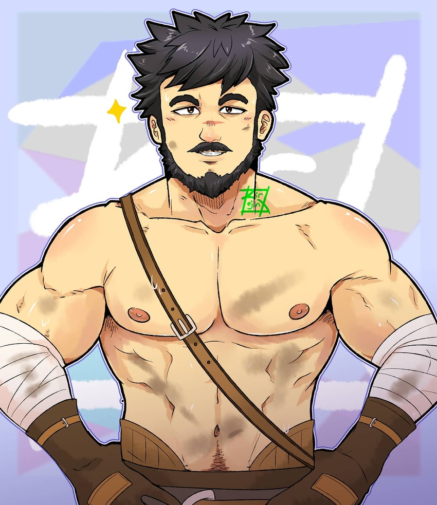 1boy abs bandaged_arm bandages bara beard black_eyes black_hair blush facial_hair genshin_impact hands_on_own_hips highres kir_(kir_keropi) large_pectorals looking_at_viewer male_focus mature_male moustache muscular muscular_male navel navel_hair nipples pectorals short_hair solo sparkle stomach thick_eyebrows topless_male upper_body wagner_(genshin_impact)