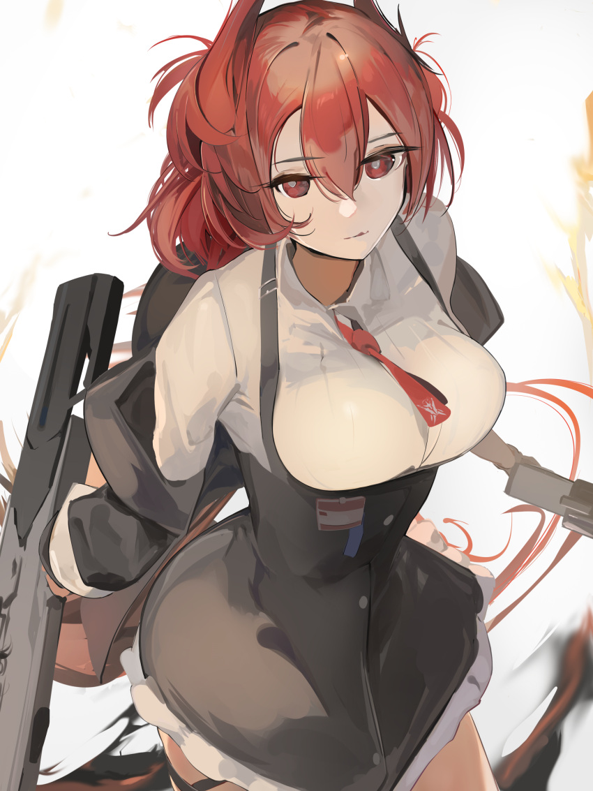 absurdres animal_ears arknights bird_ears black_skirt breasts collared_shirt cowboy_shot female fiammetta_(arknights) gun hair_between_eyes high-waist_skirt highres holding holding_gun holding_weapon id_card long_sleeves looking_at_viewer medium_breasts necktie red_eyes red_hair red_necktie shirt simple_background sinoda skirt solo suspender_skirt suspenders underbust weapon white_background white_shirt