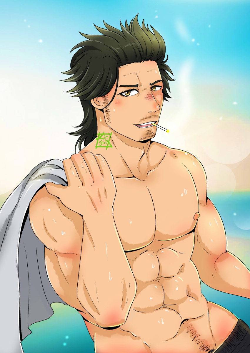 1boy abs absurdres bara black_clover black_hair blush facial_hair goatee highres holding holding_clothes holding_shirt kir_(kir_keropi) large_pectorals long_sideburns looking_at_viewer male_focus mature_male muscular muscular_male navel navel_hair nipples pectorals shirt short_hair sideburns smile solo spiked_hair stomach topless_male yami_sukehiro