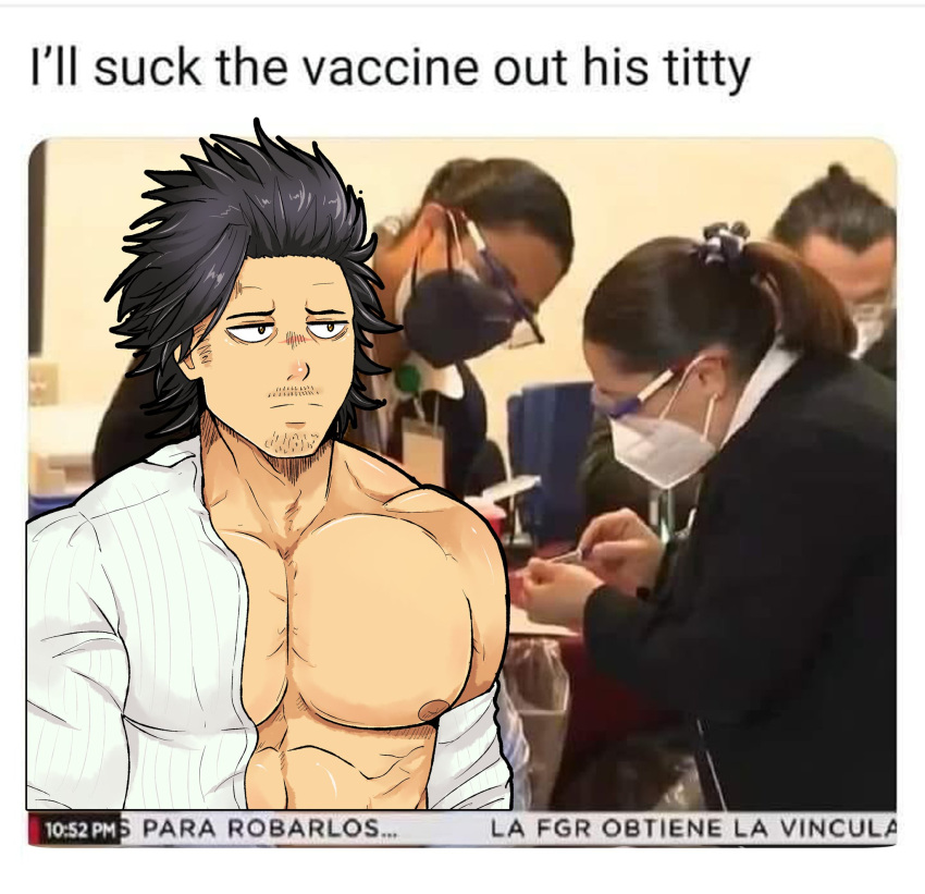 1boy bara bare_pectorals black_clover black_hair english_text facial_hair goatee highres i'll_suck_the_vaccine_out_of_his_tiddy_(meme) kir_(kir_keropi) large_pectorals long_sideburns male_focus mature_male meme muscular muscular_male nipples open_clothes open_shirt parody pectorals short_hair sideburns spiked_hair unamused yami_sukehiro