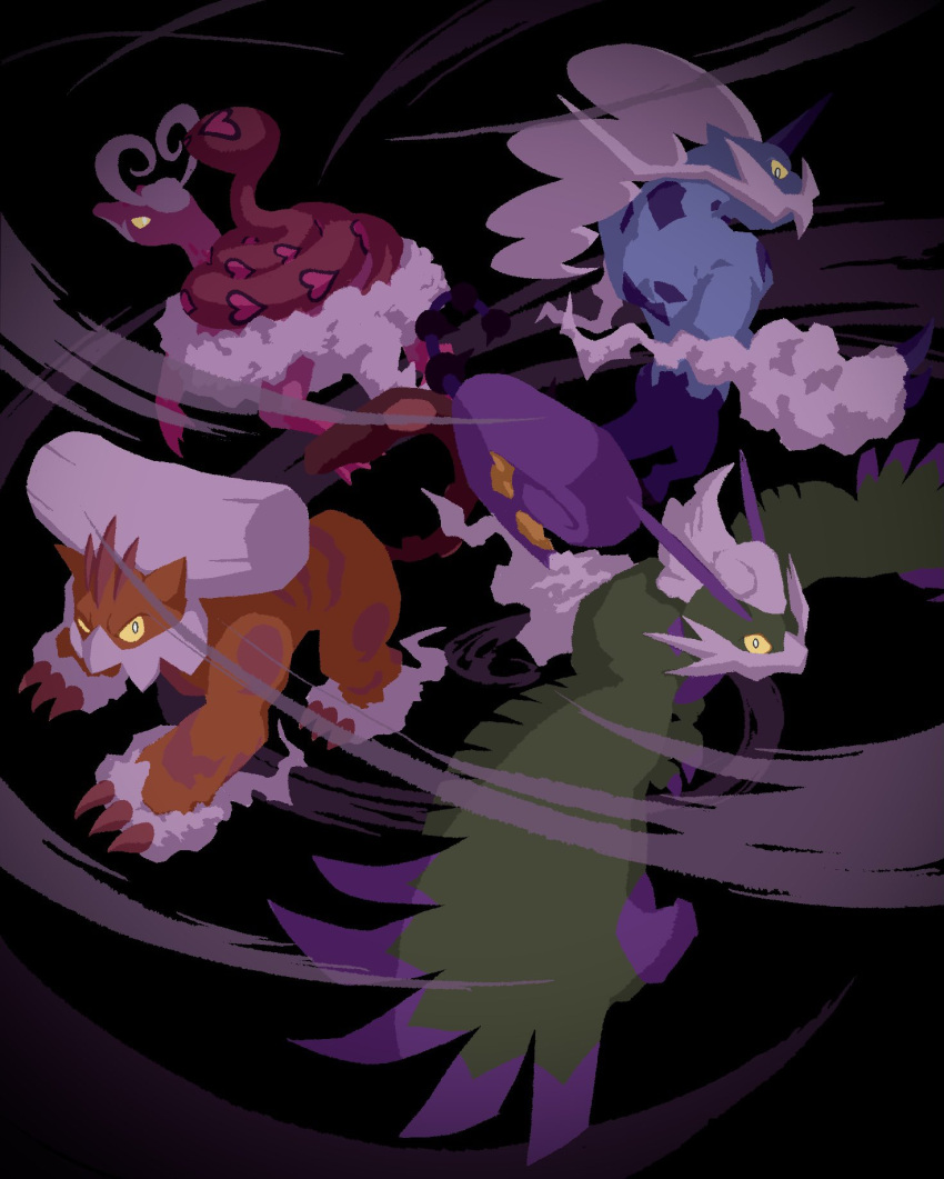 animal_focus black_background claws commentary_request enamorus enamorus_(therian) highres kasai_(pixiv24704749) landorus landorus_(therian) looking_at_viewer looking_back looking_up no_humans pokemon pokemon_(creature) thundurus thundurus_(therian) tornadus tornadus_(therian) white_fur wind yellow_eyes