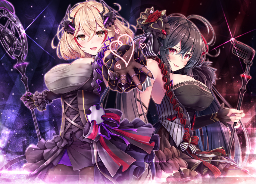 2girls :d ahoge akashio_(loli_ace) azur_lane bare_shoulders black_corset black_hair blonde_hair breasts commentary_request corset covered_nipples detached_sleeves frills gloves gothic_lolita hair_between_eyes hair_ornament heart highres holding holding_microphone_stand large_breasts lolita_fashion looking_at_viewer microphone microphone_stand multiple_girls official_alternate_costume open_mouth outstretched_arms red_eyes ribbon roon_(azur_lane) roon_(muse)_(azur_lane) single_detached_sleeve smile taihou_(azur_lane) taihou_(muse)_(azur_lane) yellow_eyes