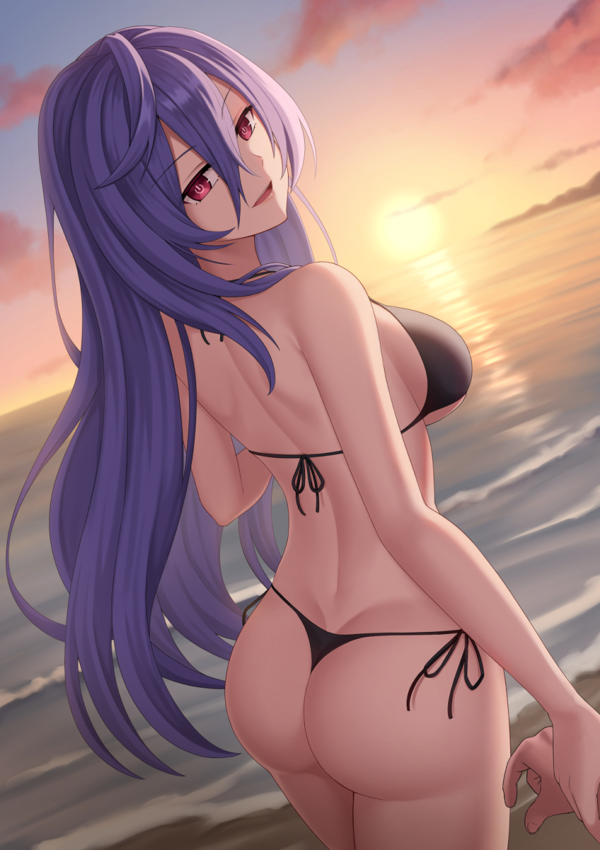 1other ass beach bikini black_bikini breasts choujigen_game_neptune cowboy_shot female hair_between_eyes highres holding_another's_wrist iris_heart kurisu-kun large_breasts long_hair looking_at_viewer neptune_(series) ocean open_mouth out_of_frame outdoors pov pov_hands purple_hair red_eyes side-tie_bikini_bottom sky smile solo_focus sunset swimsuit symbol-shaped_pupils water