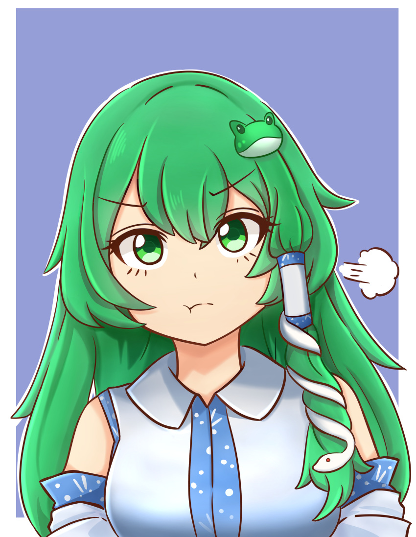 :t absurdres bad_id bad_pixiv_id bare_shoulders blue_background border breasts collared_shirt cyczen detached_sleeves female frog_hair_ornament green_eyes green_hair hair_between_eyes hair_ornament hair_tubes highres kochiya_sanae large_breasts long_hair looking_at_viewer outline outside_border parody pout shirt sidelocks simple_background snake_hair_ornament solo style_parody touhou upper_body v-shaped_eyebrows white_border white_outline white_shirt wool_(miwol)_(style)