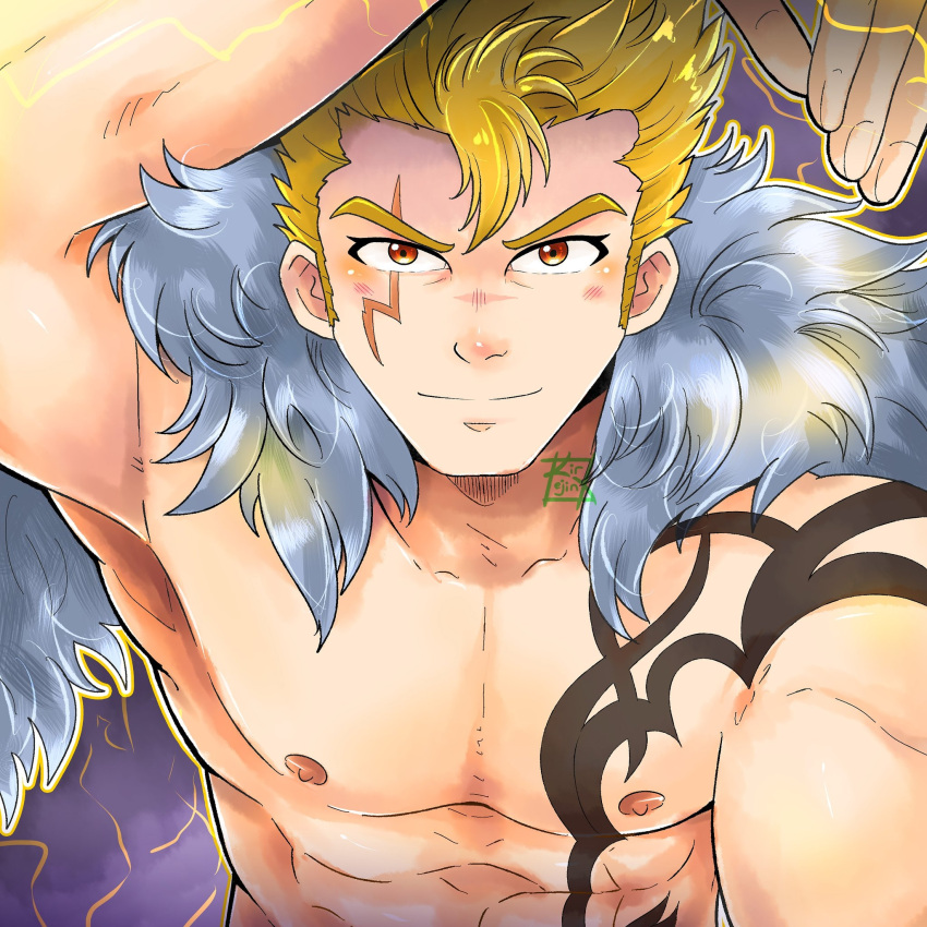 1boy abs arm_up bara blonde_hair chest_tattoo facial_mark fairy_tail fur_trim hair_strand highres kir_(kir_keropi) laxus_dreyar light_blush long_sideburns looking_at_viewer male_focus muscular muscular_male nipples pectorals short_hair sideburns smile solo spiked_hair stomach tattoo thick_eyebrows upper_body