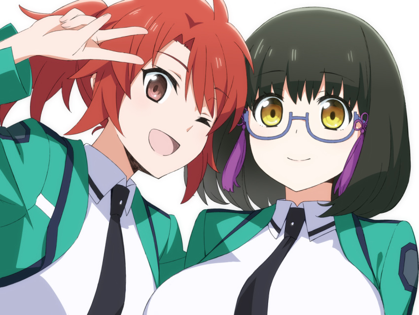 2girls ;d black_hair black_necktie breasts brown_eyes chiba_erika collared_dress commentary_request dress first_high_school_uniform glasses green_jacket hand_up high_ponytail jacket large_breasts looking_at_viewer mahouka_koukou_no_rettousei medium_hair multiple_girls necktie one_eye_closed open_clothes open_jacket open_mouth portrait red_hair school_uniform shibata_mizuki simple_background smile sumi_(shibata3gb) v white_background white_dress wing_collar yellow_eyes