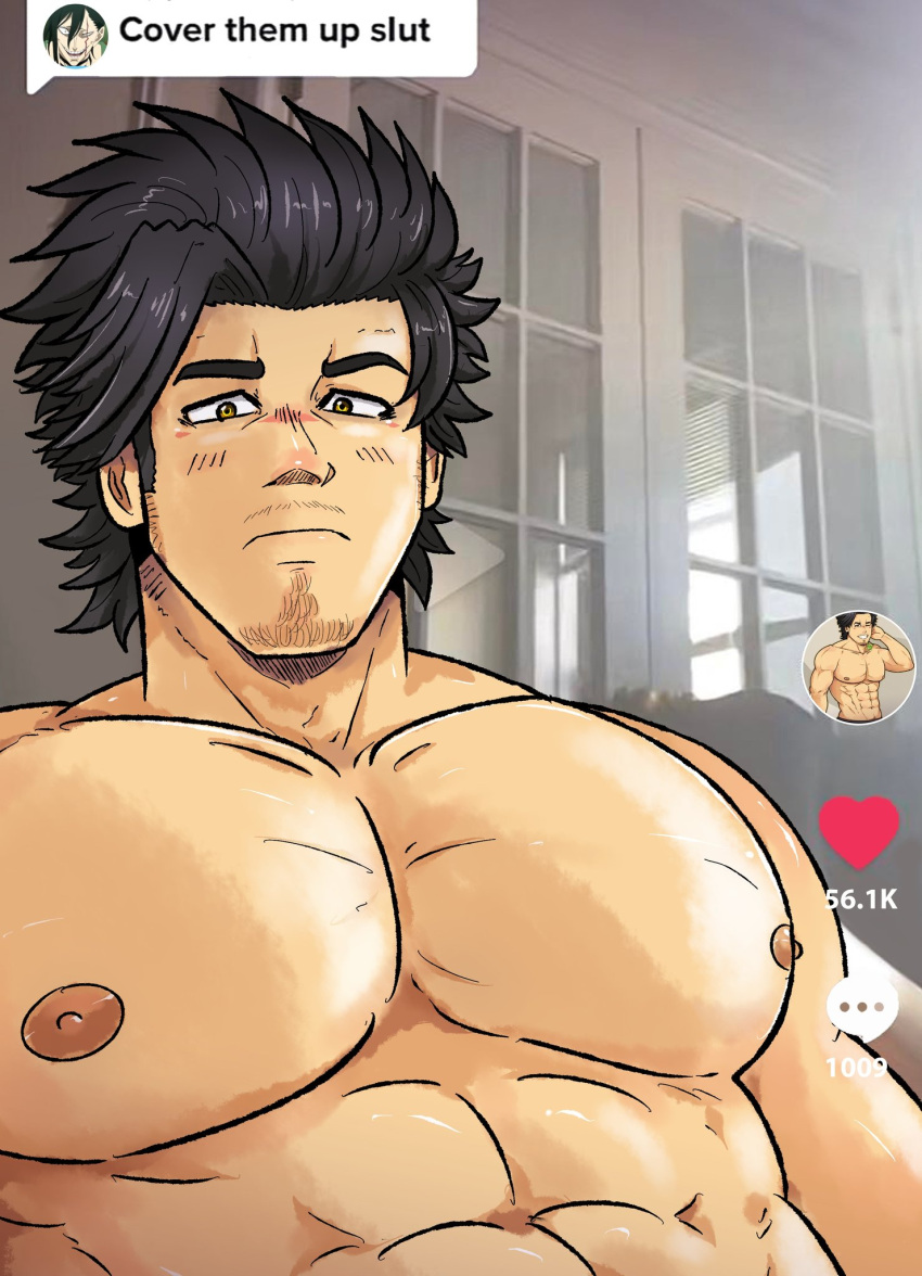 1boy abs bara black_clover black_hair cover_them_up_slut_(meme) dialogue_box heart highres indoors jack_the_ripper_(black_clover) kir_(kir_keropi) large_pectorals looking_at_viewer male_focus mature_male meme muscular muscular_male navel navel_hair nipples nude pectoral_focus pectorals short_hair sideburns solo spiked_hair stomach tiktok upper_body user_interface yami_sukehiro