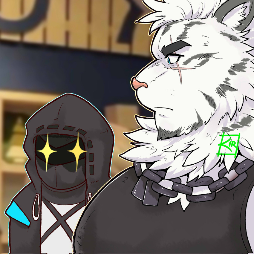 1boy 1other ambiguous_gender animal_ears arknights bara black_tank_top doctor_(arknights) facial_hair from_side furry furry_male girl_staring_at_guy's_chest_(meme) goatee highres kir_(kir_keropi) large_pectorals looking_at_another looking_down male_focus mature_male meme mountain_(arknights) muscular muscular_male pectorals scar scar_across_eye scar_on_face short_hair sideburns sparkling_eyes tank_top three_quarter_view tiger_boy tiger_ears upper_body white_fur white_hair