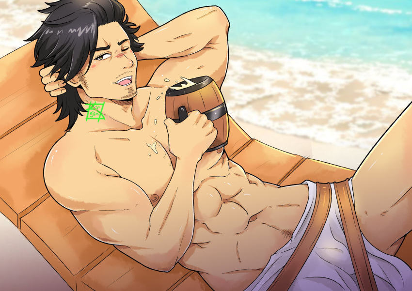 1boy abs arm_behind_head bara beach beer_mug black_clover black_hair chest_hair cup drunk facial_hair goatee highres kir_(kir_keropi) large_pectorals long_sideburns looking_at_viewer male_focus male_swimwear mature_male mug muscular muscular_male navel navel_hair nipples outdoors pectorals sand short_hair sideburns solo spiked_hair stomach thighs topless_male water white_male_swimwear yami_sukehiro