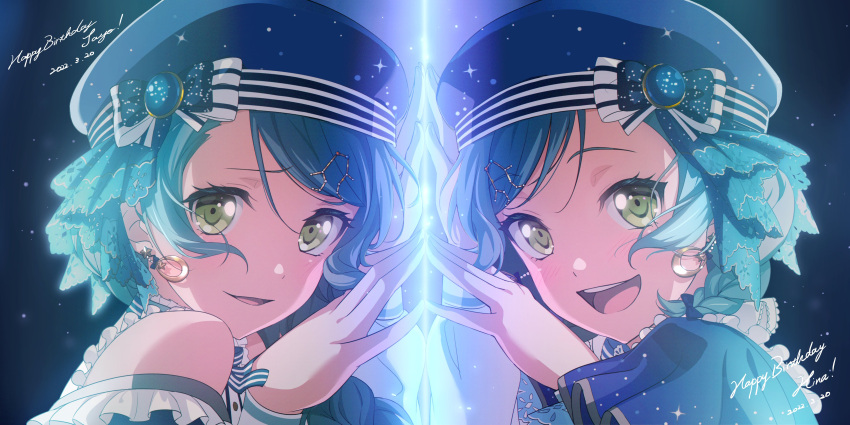 2girls :d absurdres alternate_hairstyle aqua_hair arm_up bang_dream! bare_shoulders beret black_background blue_bow blue_capelet blue_headwear blue_ribbon bow bow_earrings braid buttons capelet character_name commentary constellation constellation_hair_ornament dated earrings fingers_together frilled_shirt_collar frilled_sleeves frills from_side gemini_(constellation) gradient_background green_eyes hair_ornament hair_over_shoulder hairbow hand_up happy_birthday hat hat_bow highres hikawa_hina hikawa_sayo jewelry light_blush light_particles long_hair long_sleeves looking_at_viewer looking_to_the_side multiple_girls neck_ribbon nobusawa_osamu open_mouth parted_lips portrait print_bow print_capelet ribbon shirt short_hair siblings side_braids single_braid sisters smile star_(sky) star_(symbol) star_earrings starry_sky_print striped striped_bow striped_ribbon swept_bangs teeth twin_braids twins upper_teeth_only white_shirt