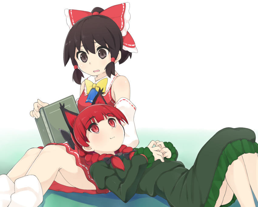 2girls animal_ears bare_shoulders black_bow black_hair blue_neckwear bow bowtie braid brown_eyes cat_ears collared_shirt commentary dress green_dress hairbow hakurei_reimu highres juliet_sleeves kaenbyou_rin lap_pillow long_sleeves looking_at_another multiple_girls open_mouth puffy_sleeves red_bow red_eyes red_hair red_shirt shirt short_hair short_ponytail sitting sleeveless sleeveless_shirt subterranean_animism touhou twin_braids yellow_bow yellow_bowtie yuri zuttokodomo