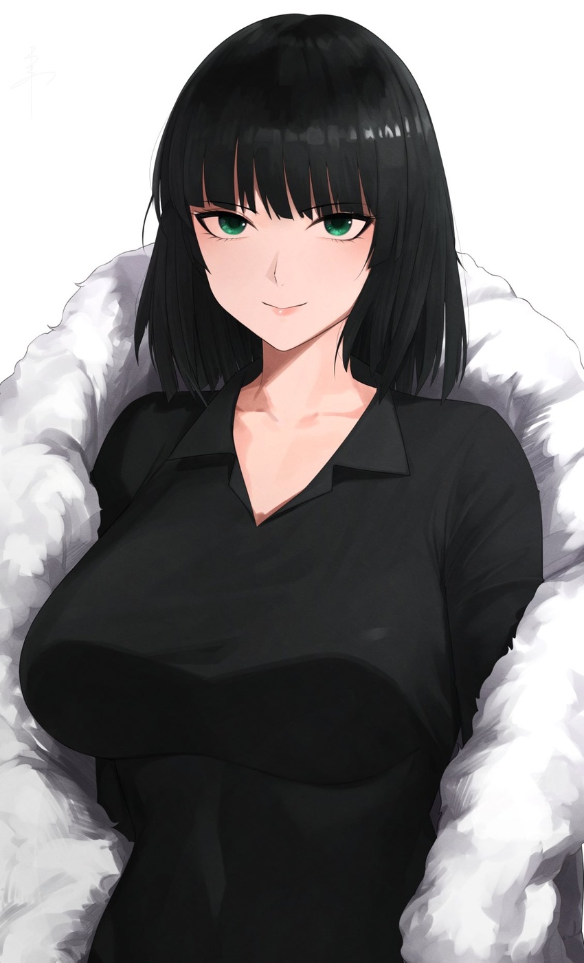 black_dress black_hair blunt_bangs breasts closed_mouth coat commentary_request dress female fubuki_(one-punch_man) fur_coat green_eyes highres large_breasts medium_hair one-punch_man senju_(snz0) smile solo taut_clothes taut_dress white_background