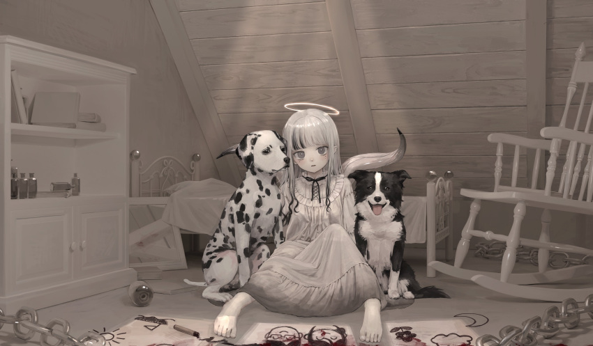 absurdres attic barefoot bed black_ribbon blood blunt_bangs book border_collie bottle canine chains chair child's_drawing commentary cupboard dalmatian day dress expressionless female frilled_shirt_collar frills full_body grey_eyes halo highres indoors light_rays long_dress long_hair long_sleeves looking_at_viewer mirror multicolored_hair namuta neck_ribbon on_floor original pale_skin pointy_ears ribbon rocking_chair sitting solo streaked_hair sunlight white_dress white_hair white_theme