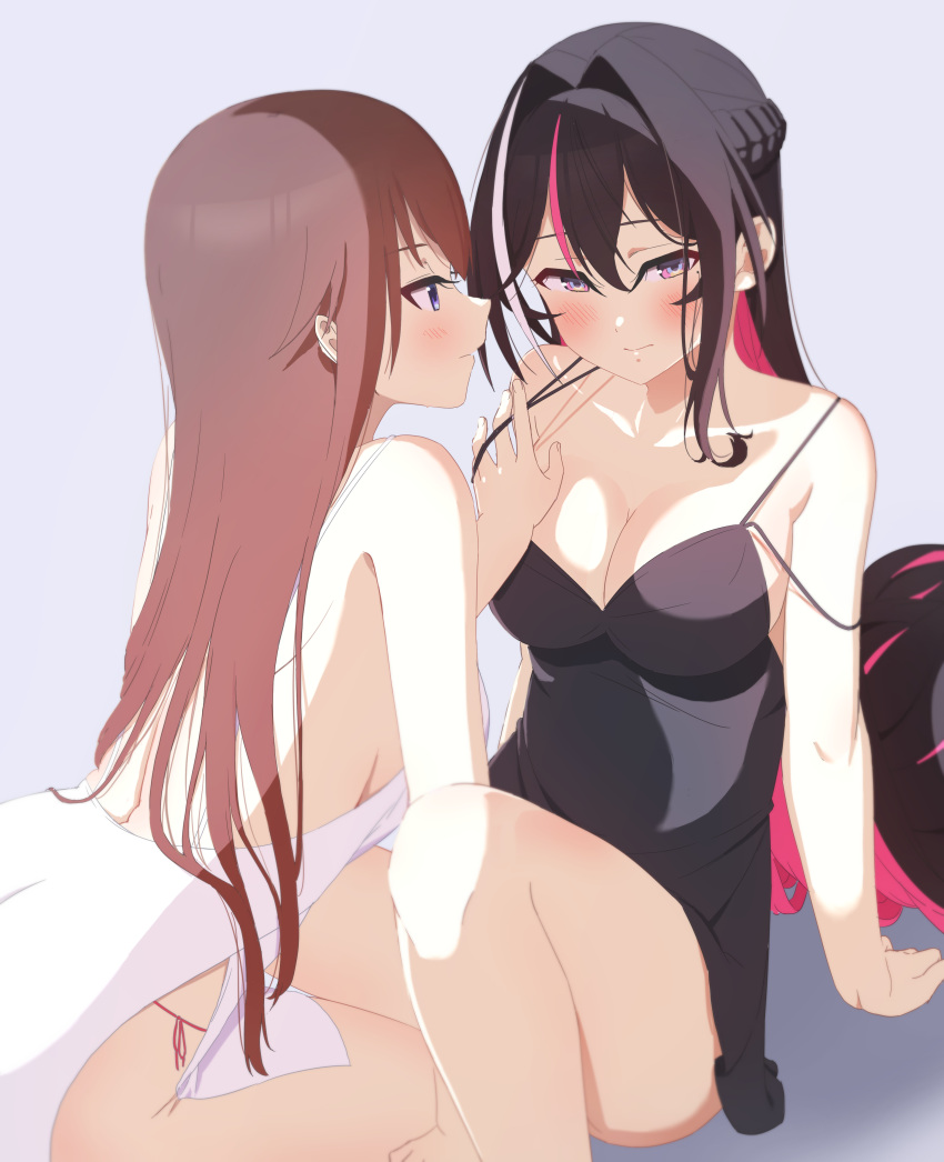 2girls absurdres alternate_breast_size arm_support azki_(hololive) backless_dress backless_outfit bare_shoulders between_thighs black_dress black_hair blue_eyes blush braid breasts brown_hair closed_mouth colored_inner_hair dress embarrassed french_braid gown hair_between_eyes hair_intakes highres hololive kneeling large_breasts loeldrive long_hair looking_at_another multi-strapped_dress multicolored_hair multiple_girls panties pink_eyes ringed_eyes side-tie_panties side_slit sideboob sitting strap_lift strap_slip streaked_hair string_panties tokino_sora underwear very_long_hair virtual_youtuber white_background white_dress white_hair yuri