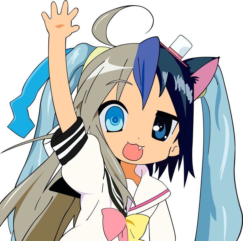 ahoge animal_ears black_hair blue_hair blush clannad crossover female fusion hatsune_miku ikamusume ikeda_kana izumi_konata jpeg_artifacts kud_wafter little_busters! lucky_star moetron multicolored_hair noumi_kudryavka oerba_yun_fang sakagami_tomoyo saki school_uniform short_twintails silver_hair simple_background twintails vector vector_trace vocaloid what