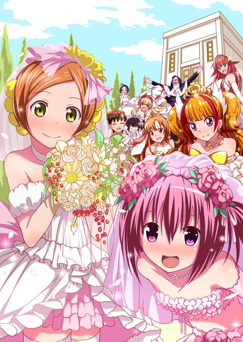 2boys 6+girls ahoge amanogawa_kirara annotated arakawa_under_the_bridge asuna_(sao) bekki_natsumi black_hair blonde_hair blue_eyes blue_hair bouquet braid breasts brown_eyes choker clenched_teeth commentary_request cross crossdressing crossover cure_twinkle day doraemon dress earrings elbow_gloves flower formal gloves go!_princess_precure green_eyes green_hair hair_between_eyes hair_flower hair_ornament hairclip hand_on_own_cheek hand_on_own_face highres hoshizora_rin idolmaster idolmaster_(classic) jewelry lamia long_hair love_live! love_live!_school_idol_project love_wing_bell medium_breasts miia_(monster_musume) minamoto_shizuka minato_tomoka miura_azusa monaral-jiro monster_girl monster_musume_no_iru_nichijou multicolored_hair multiple_boys multiple_crossover multiple_girls necklace no-rin nun orange_hair outdoors outstretched_arms pink_eyes pink_hair pointy_ears precure purple_eyes ranma_1/2 red_hair ringed_eyes rou-kyuu-bu! saotome_ranma short_hair single_braid sister_(arakawa) smile suit sword_art_online teeth thighhighs tiara two-tone_hair wedding_dress white_choker white_dress white_gloves white_suit white_thighhighs yellow_eyes zettai_ryouiki