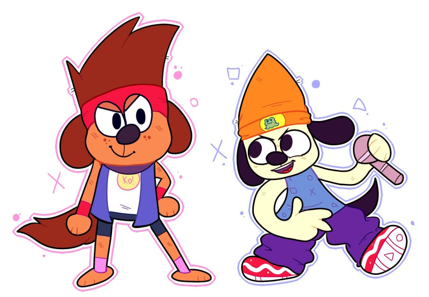 2018 anthro bandana beanie black_nose bottomwear brown_body brown_fur brown_hair canid canine canis cartoon_network clothed clothing collar crossover domestic_dog duo fur hair hat headgear headwear kaio_kincaid kerchief kiikittu mammal ok_k.o.!_let's_be_heroes parappa parappa_the_rapper puppy_k.o. shorts simple_background sony_corporation sony_interactive_entertainment yellow_body yellow_fur