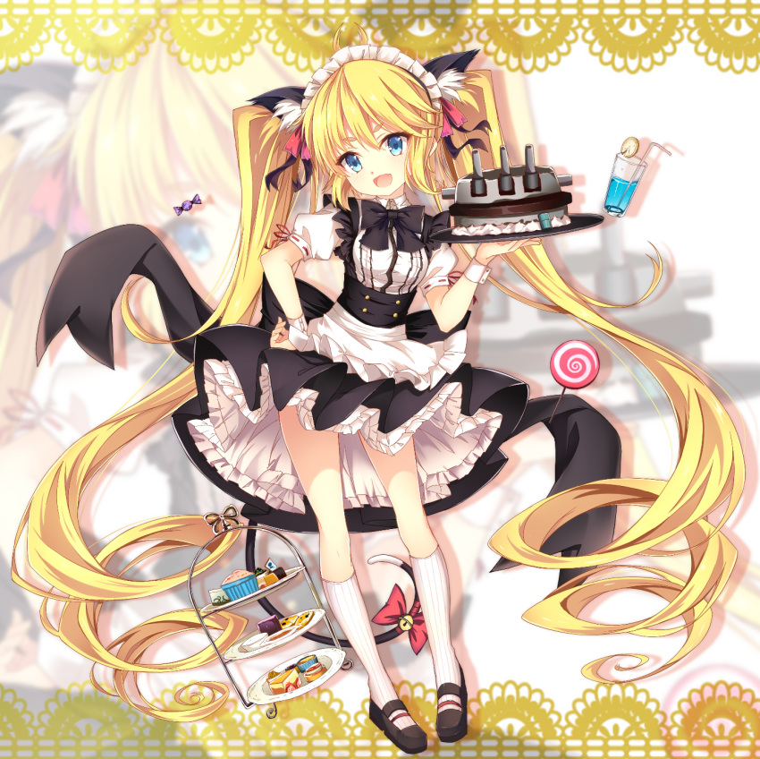 :d absurdly_long_hair andrea_doria_(warship_girls_r) animal_ears apron bell bendy_straw black_footwear black_skirt blonde_hair blue_eyes bow cake candy_wrapper cannon cat_ears cat_girl cat_tail chinese_commentary commentary cookie cup drink drinking_glass drinking_straw female food frilled_apron frills full_body hair_between_eyes hand_on_own_hip head_tilt highres holding holding_tray jianren jingle_bell kneehighs long_hair looking_at_viewer maid maid_headdress muffin oerba_yun_fang open_mouth puffy_short_sleeves puffy_sleeves red_bow ribbed_legwear ringlets shirt shoes short_sleeves sidelocks skirt smile socks solo standing tail tail_bell tail_bow tail_ornament thick_eyebrows tiered_tray tray turret twintails v-shaped_eyebrows very_long_hair waist_apron warship_girls_r white_apron white_shirt white_socks wrist_cuffs zoom_layer