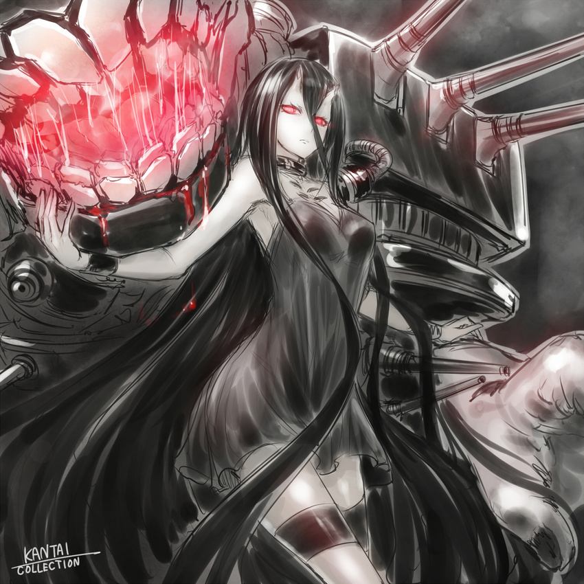 abyssal_ship battleship_princess black_dress black_hair commentary_request dress female glowing highres horns kantai_collection long_hair looking_at_viewer misawa_kei monster pale_skin red_eyes short_dress skin-covered_horns very_long_hair