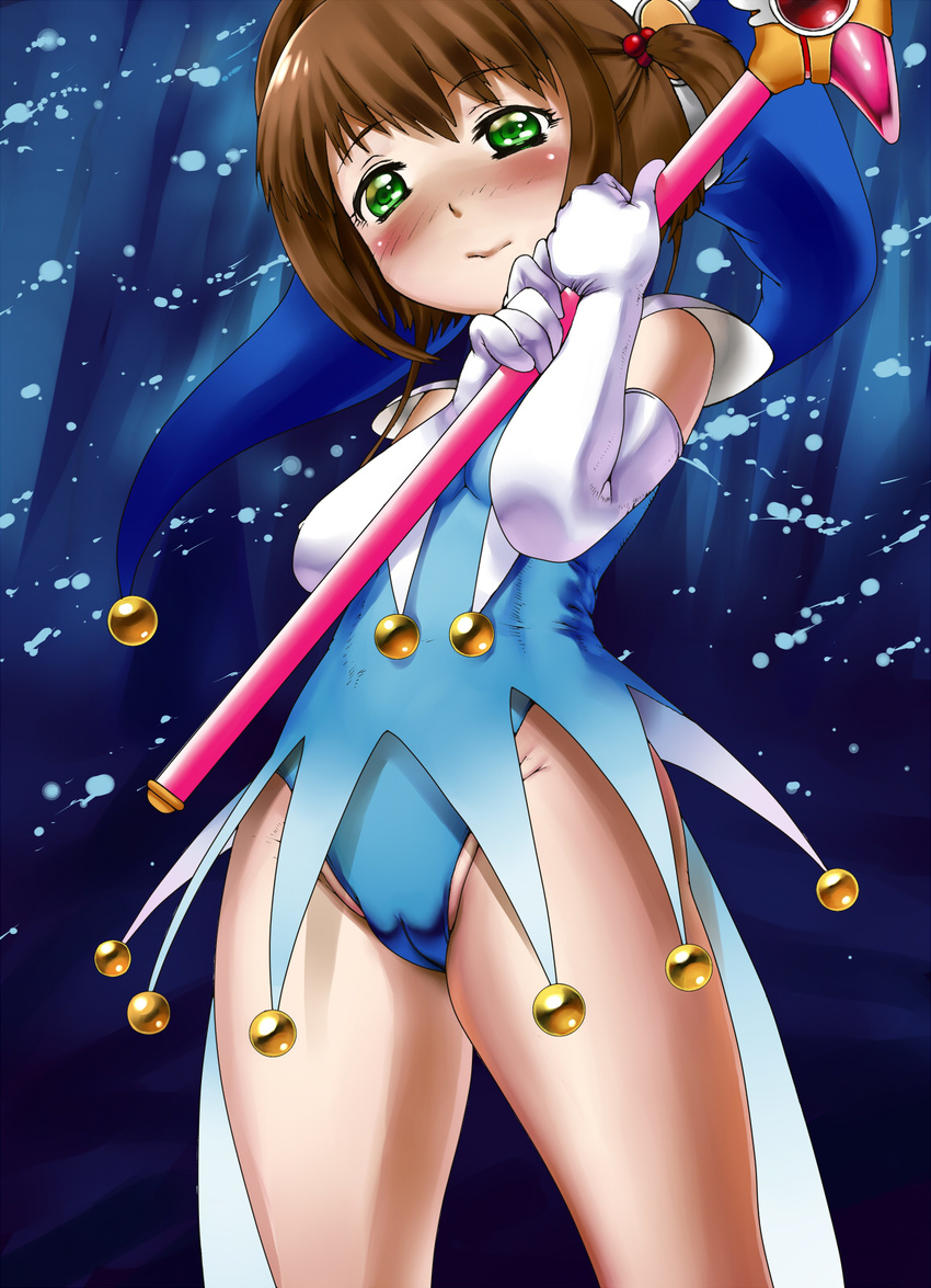 aabitan bad_id bad_nijie_id blue_hat blush brown_hair cameltoe cardcaptor_sakura dress female fuuin_no_tsue gloves green_eyes hat highres kinomoto_sakura kinomoto_sakura_(blue_jester_costume) magical_girl short_hair solo wand white_gloves