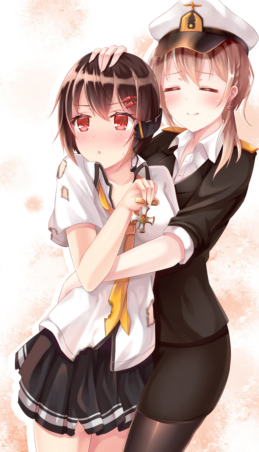 2girls :o absurdres admiral_(warship_girls_r) ayanami_(warship_girls_r) bad_id bad_pixiv_id black_hair black_legwear blush braid brown_hair burnt_clothes closed_eyes commentary_request cross female_admiral_(warship_girls_r) hair_ornament hairclip hat headpat highres hug long_hair looking_away medal military_hat multiple_girls necktie pantyhose peaked_cap pleated_skirt red_eyes short_hair skirt torn_clothes warship_girls_r zhou_yu_(ppaaqz1995)