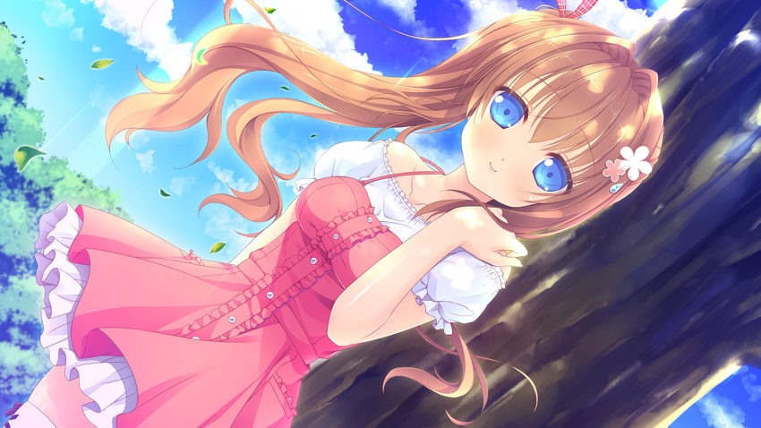 blue_eyes blue_sky breasts center_frills closed_mouth collarbone cowboy_shot cross-laced_clothes cross-laced_legwear dappled_sunlight day dress female floating_hair flower frilled_sleeves frills game_cg gem hair_flower hair_intakes hair_ornament hair_ribbon high_side_ponytail highres jewelry leaf light_blush long_hair looking_at_viewer love_rec. medium_breasts narumi_yuu_(bunbukudou) nature off_shoulder orange_hair outdoors petticoat pink_dress pocket puffy_short_sleeves puffy_sleeves purple_ribbon ribbon short_dress short_sleeves side_ponytail sky smile solo spaghetti_strap sunlight thighhighs tree tucking_hair under_tree wind yashinaga_chiho