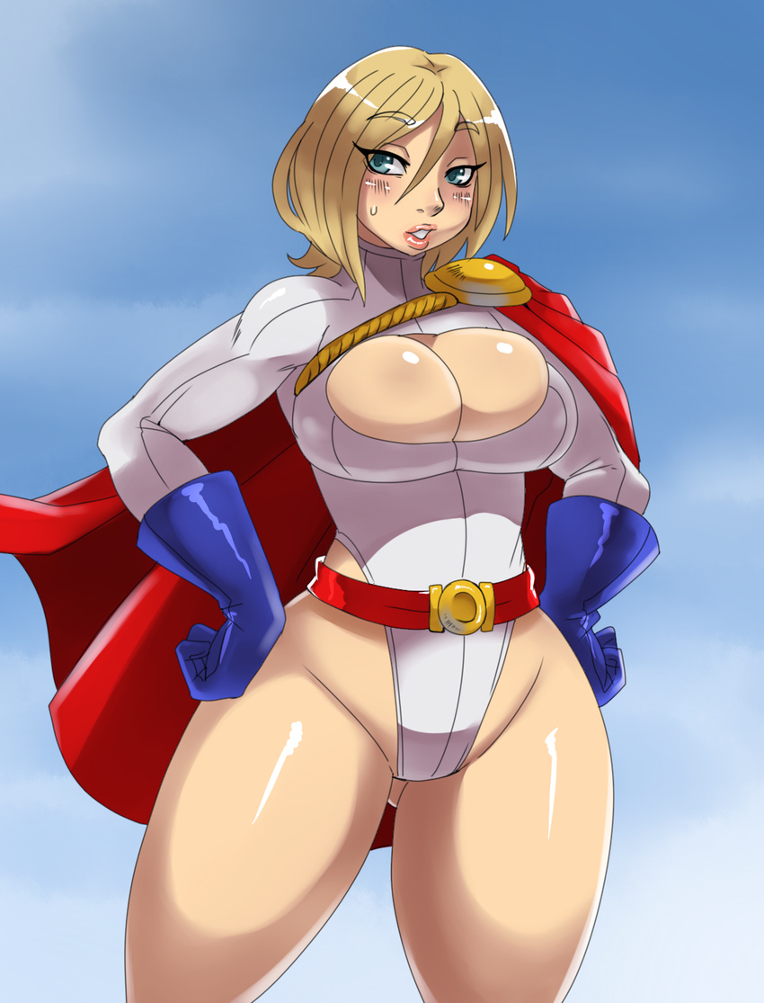 aqua_eyes blonde_hair blush breasts bursting_breasts cape cleavage cleavage_cutout curvy dc_comics eric_lowery female gloves gradient gradient_background highleg highleg_leotard kryptonian large_breasts leotard looking_at_viewer parted_lips power_girl red_cape short_hair solo superhero sweat thick_thighs wide_hips