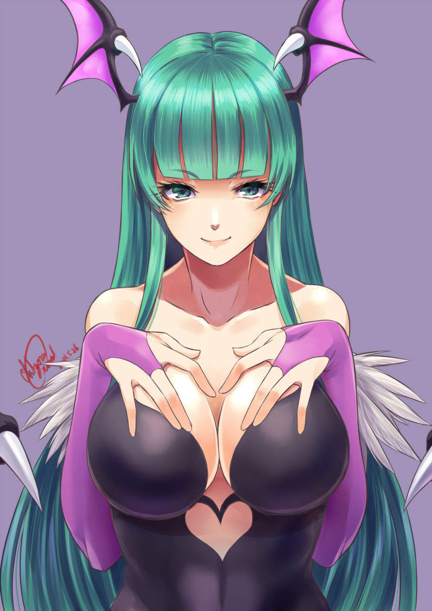 bat_wings breasts bridal_gauntlets cleavage clothing_cutout commentary_request demon_girl female green_hair head_wings heart_cutout highres large_breasts long_hair looking_at_viewer morrigan_aensland ooike_teru purple_wings solo vampire_(game) wings