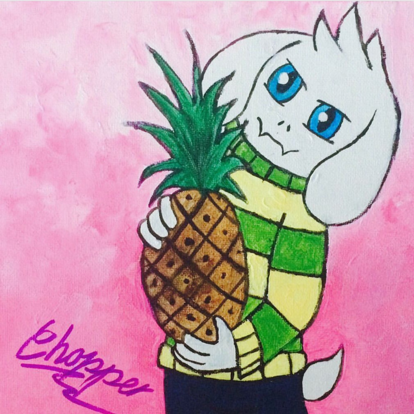 1:1 anthro asriel_dreemurr azzie boss_monster_(undertale) bovid caprine chopper~ compression_artifacts food fruit hi_res mammal photo pineapple plant signature simple_background undertale undertale_(series)