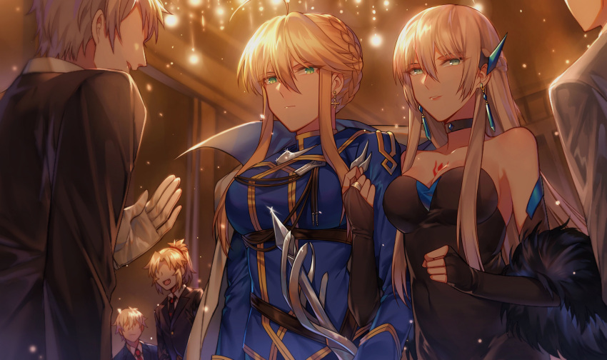 3boys 3girls :d absurdres ahoge artoria_pendragon_(fate) artoria_pendragon_(lancer)_(fate) artoria_pendragon_(lancer)_(formal_dress)_(fate) bare_shoulders black_choker black_dress black_gloves black_jacket blonde_hair blue_jacket braid breasts bridal_gauntlets brown_hair cape chinese_commentary choker cleavage closed_mouth collared_shirt commentary_request covered_navel cross cross_earrings dress earrings elbow_gloves faceless faceless_female faceless_male fate/grand_order fate_(series) feather_boa fingerless_gloves formal gloves green_eyes hair_between_eyes hair_ornament highres indoors jacket jewelry locked_arms long_hair looking_at_viewer medium_breasts mordred_(fate) mordred_(fate/apocrypha) mordred_(formal_dress)_(fate) morgan_le_fay_(fate) multiple_boys multiple_girls necktie oerba_yun_fang open_mouth parted_lips ponytail red_necktie shirt siblings sidelocks single_bridal_gauntlet single_glove sisters smile strapless strapless_dress suit very_long_hair white_cape white_gloves white_shirt yorukun