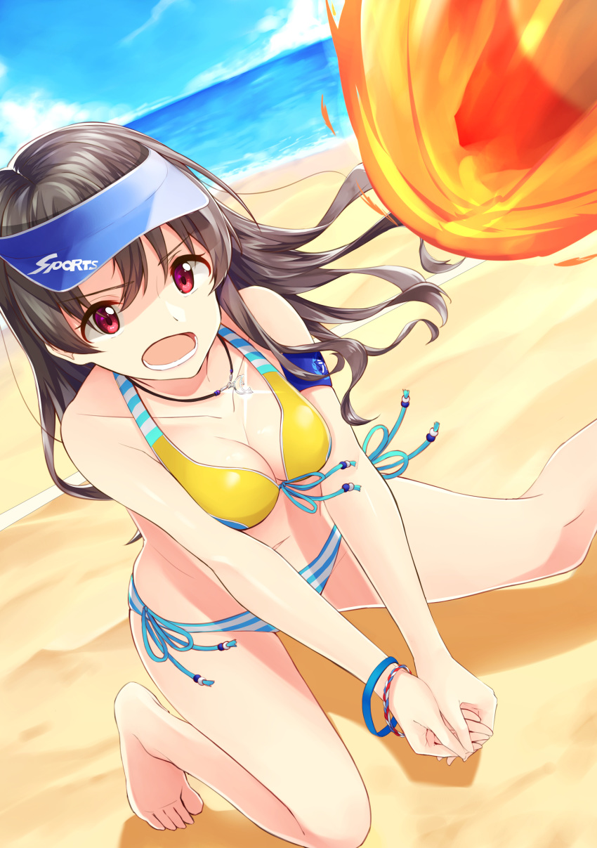 absurdres armband beach bikini black_hair blue_armband blue_bikini blue_hat blue_sky blue_wristband breasts bump_(volleyball) cleavage cloud collarbone commentary day dolphin_pendant female fireball floating_hair front-tie_bikini_top front-tie_top hat highres idolmaster idolmaster_million_live! idolmaster_million_live!_theater_days medium_breasts megurumiru multicolored_bikini multicolored_clothes navel ocean on_one_knee open_mouth outdoors own_hands_together parted_bangs red_eyes round_teeth sand side-tie_bikini_bottom sky swimsuit takayama_sayoko teeth thighs visor_cap volleyball white_bikini wristband yellow_bikini