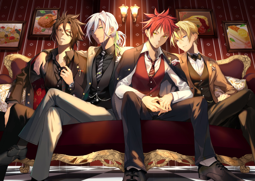 4boys blonde_hair blue_eyes brown_hair card chinese_commentary commentary_request dark_skin dress_shoes formal green_ribbons hair_between_eyes hair_ribbon hayama_akira heikong highres jacket kurokiba_ryou looking_at_viewer male_focus multiple_boys necktie pants parted_lips photoshop_(medium) playing_card ponytail red_eyes red_hair ribbon scar shokugeki_no_souma short_hair sitting smile spiked_hair suit suit_jacket takumi_aldini watch white_hair wristwatch yellow_eyes yukihira_souma