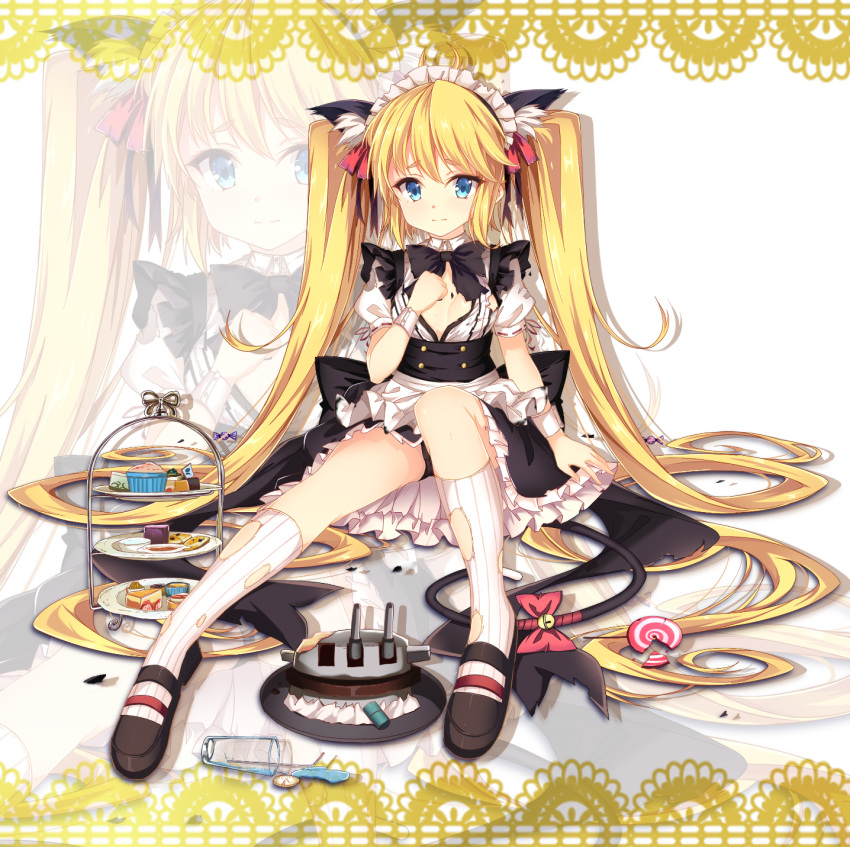 absurdly_long_hair andrea_doria_(warship_girls_r) animal_ears apron bell bendy_straw black_bow black_footwear black_panties black_skirt blonde_hair blue_eyes bow breasts cake candy cannon cat_ears cat_girl cat_tail chinese_commentary closed_mouth commentary cookie cup drink drinking_glass drinking_straw female food frilled_apron frills full_body hair_between_eyes highres jianren jingle_bell kneehighs lollipop long_hair looking_at_viewer maid maid_headdress muffin panties puffy_short_sleeves puffy_sleeves red_bow ribbed_legwear ringlets shirt shoes short_sleeves sidelocks sitting skirt small_breasts socks solo spill swirl_lollipop tail tail_bell tail_bow tail_ornament thick_eyebrows tiered_tray torn_clothes torn_shirt torn_socks turret twintails underwear v-shaped_eyebrows very_long_hair waist_apron warship_girls_r white_apron white_shirt white_socks wrist_cuffs zoom_layer