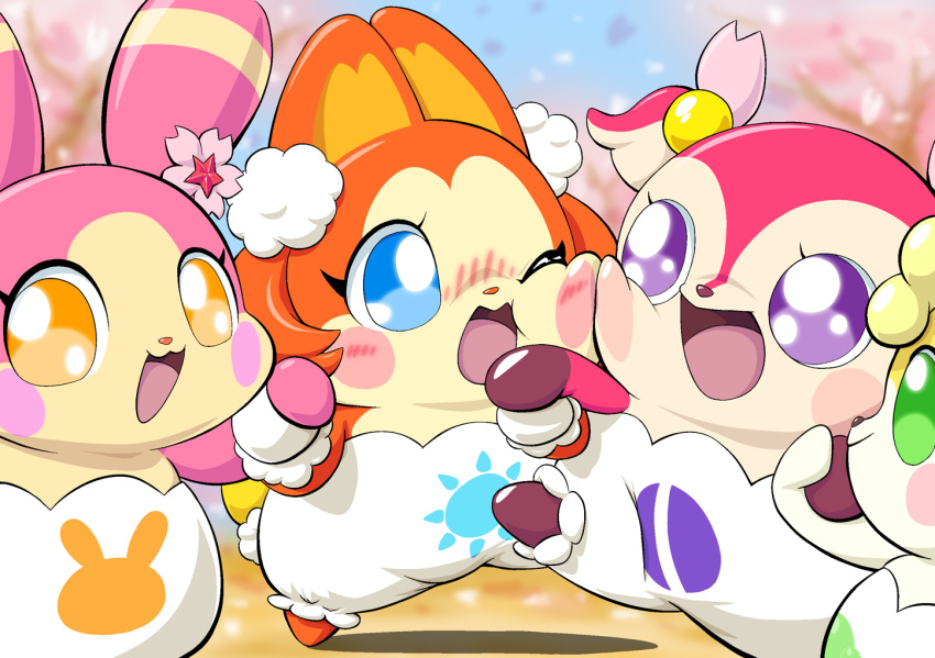 ambiguous_gender anthro awawa_(cocotama) blue_eyes blush blush_stickers chocolanshare clothed clothing cocotama featureless_limbs female green_eyes group himitsu_no_cocotama looking_at_viewer mammal one_eye_closed open_mouth open_smile orange_eyes outside pokarin_(cocotama) purple_eyes smile syamu_(cocotama) ten_nekosupi tongue