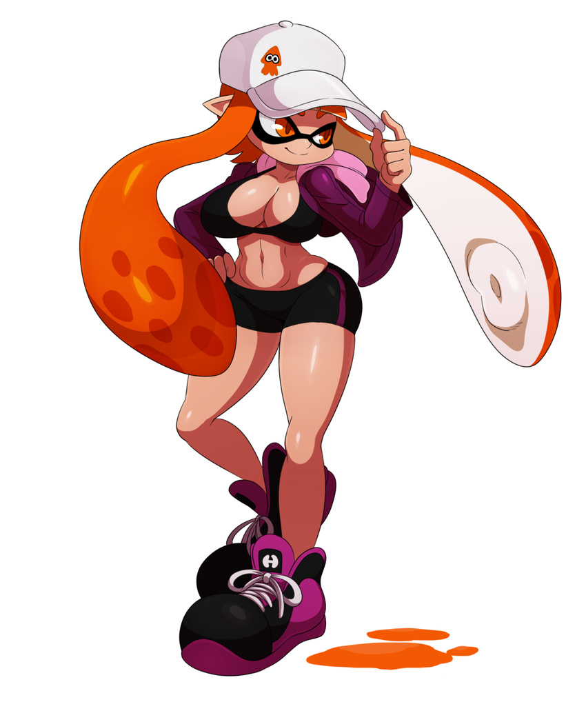 adjusting_clothes adjusting_headwear alternate_breast_size baseball_cap bike_shorts black_shorts blunt_bangs breasts cleavage commentary crop_top english_commentary eric_lowery female full_body hand_on_own_hip hat highres hood hoodie inkling inkling_girl inkling_player_character large_breasts long_hair long_sleeves navel open_clothes open_hoodie orange_eyes orange_hair paint_splatter pointy_ears purple_footwear shoes short_shorts shorts single_vertical_stripe smile sneakers solo splatoon_(series) splatoon_1 standing tentacle_hair white_background