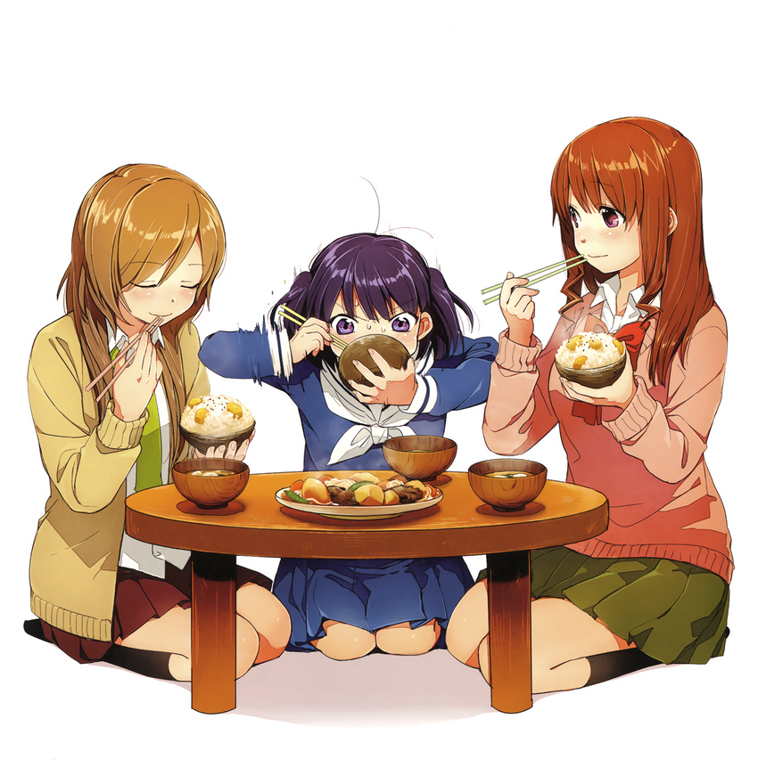 3girls ahoge arms_up beige_jacket black_legwear blue_dress blue_skirt blush bow bowl bowtie brown_hair brown_skirt cardigan chopsticks closed_eyes closed_mouth collared_shirt dress eating food green_skirt highres holding holding_bowl holding_chopsticks jacket kawai_makoto kneehighs kneeling koufuku_graffiti light_brown_hair long_hair long_sleeves looking_at_viewer machiko_ryou morino_kirin motion_blur multiple_girls neckerchief open_mouth pink_eyes pink_jacket pink_sweater plate pleated_dress pleated_skirt purple_eyes purple_hair red_bow red_bowtie red_skirt sailor_dress school_uniform seiza serafuku shiina_(koufuku_graffiti) shirt short_hair short_twintails simple_background sitting skirt socks sweat sweatdrop sweater twintails white_background white_bow white_neckerchief white_shirt yellow_jacket