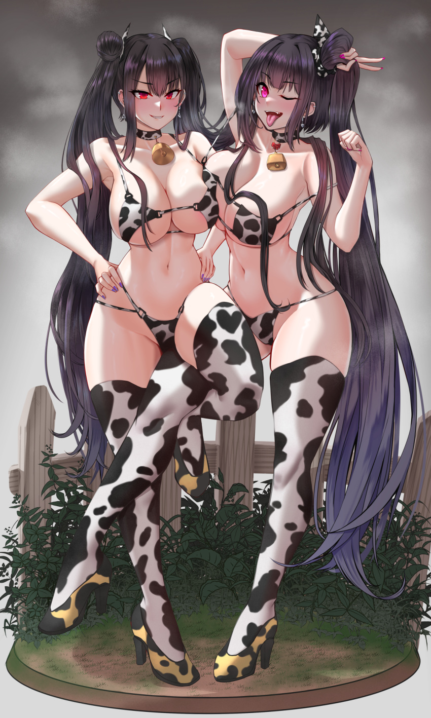 2girls animal_print architect_(girls'_frontline) arm_up bell bikini black_hair blush breasts chinese_commentary choker collarbone cow_print cow_print_thighhighs full_body girls'_frontline high_heels highres large_breasts long_hair looking_at_viewer multiple_girls navel one_eye_closed open_mouth ouroboros_(girls'_frontline) paid_reward_available parted_lips pink_eyes popoman print_thighhighs red_eyes sangvis_ferri side_ponytail smile standing stomach swimsuit thighhighs thighs tongue tongue_out underboob very_long_hair