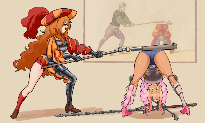 2boys 2girls absurdres armor ass bent_over blonde_hair blunt_bangs breastplate brown_eyes brown_hair centurii-chan_(artist) clothing_request denim denim_shorts eyes_visible_through_hair gauntlets gradient_hair gyaru_landsknecht_(centurii-chan) hair_between_eyes high_heels highres kneehighs kneepits landsknecht_(centurii-chan) leg_warmers long_hair long_sleeves long_sword looking_at_another looking_at_viewer multicolored_hair multiple_boys multiple_girls open_mouth original pink_footwear pink_hair pink_leg_warmers projected_inset puffy_long_sleeves puffy_sleeves red_socks short_hair short_shorts shorts single_kneehigh single_leg_armor single_leg_warmer single_sock socks teeth two-tone_headwear upper_teeth_only upside-down very_long_hair weapon_request